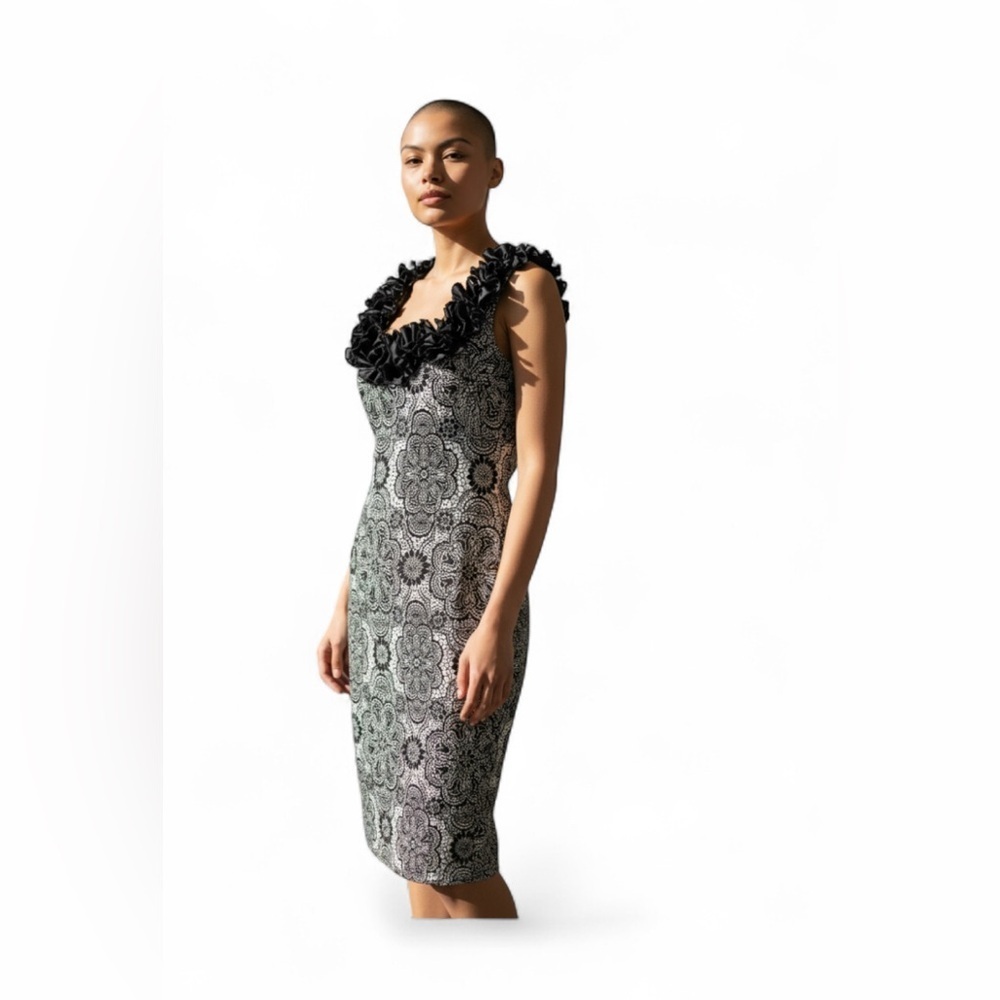 MAGGI LONDON FLORAL SHEATH COCKTAIL DRESS BLACK WHITE ROSETTE NECK SIZE 10 - Picture 7 of 9